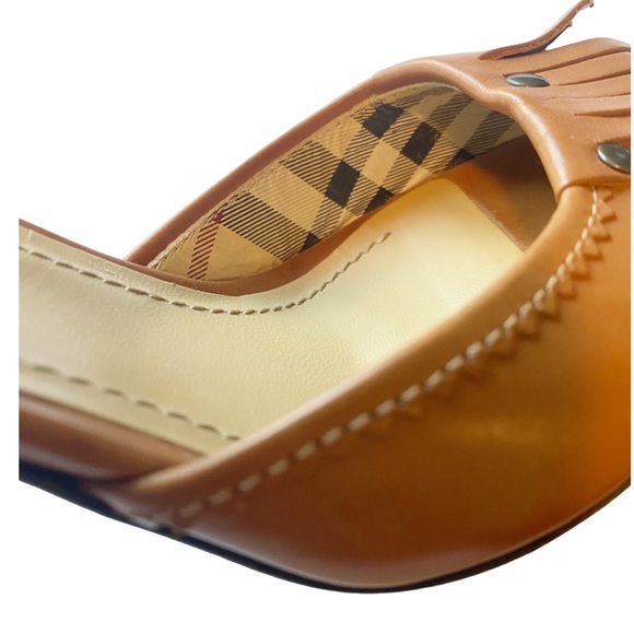 Burberry Kiltie Fringe Heel Ankle Strap Peep Toe Tan/Camel Leather Preppy Sz 40 - Picture 6 of 10